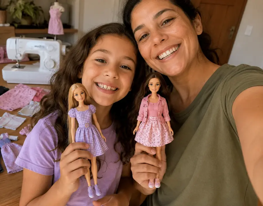 M&atilde;e e filha sorrindo com fashion dolls usando roupinhas costuradas
