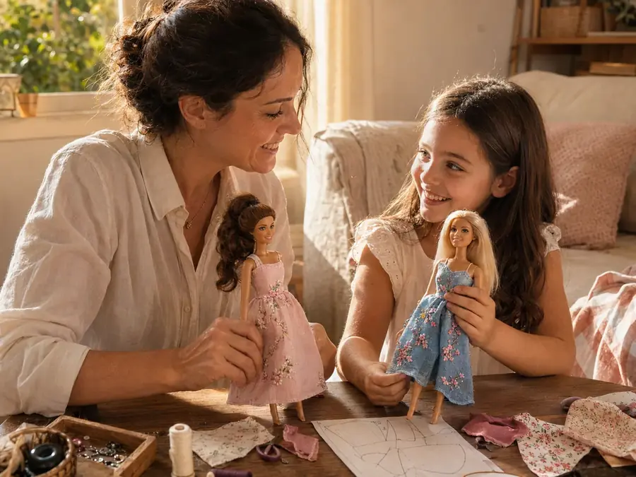 M&atilde;e e filha costurando roupinhas para fashion dolls em uma mesa com moldes
