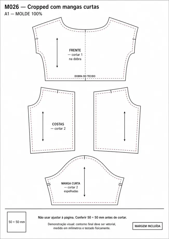 M026 cropped com mangas curtas com medidas do molde