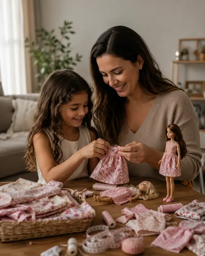 M&atilde;e e filha costurando uma roupinha floral para fashion doll