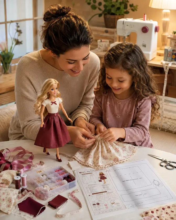 M&atilde;e e filha montando roupinha de fashion doll com molde impresso na mesa